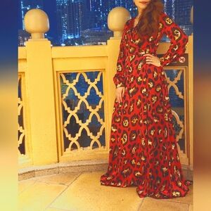 Red satin animal print maxi dress in size S